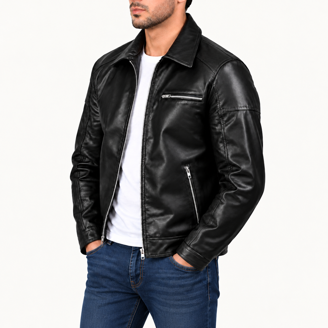 Men's Classic Black Leather Jacket – Zip-Up Biker Jacket with Shirt Collar Gallery